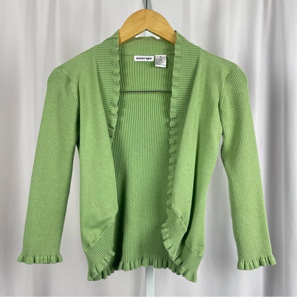 Energie Vintage Y2K Ramie Medium Ribbed Ruffle Cardigan Lime Green Boho Retro - Picture 1 of 6